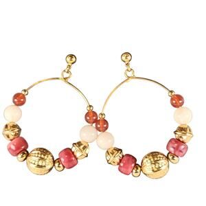 Gold Tone Red Cream Bead Hoop Earrings Lightweight Fashion Jewelry Boho Retro